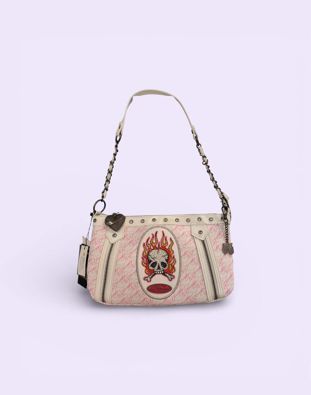 NWT Ed Hardy White and Pink Skull Flame Monogram Demi Shoulder Bag with Charms